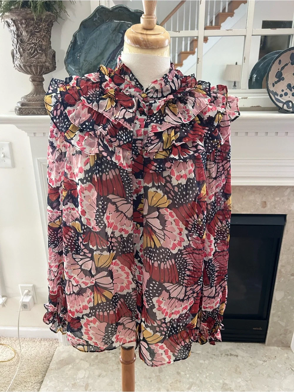 Boden Multi Floral Ruffle-Neck Blouse